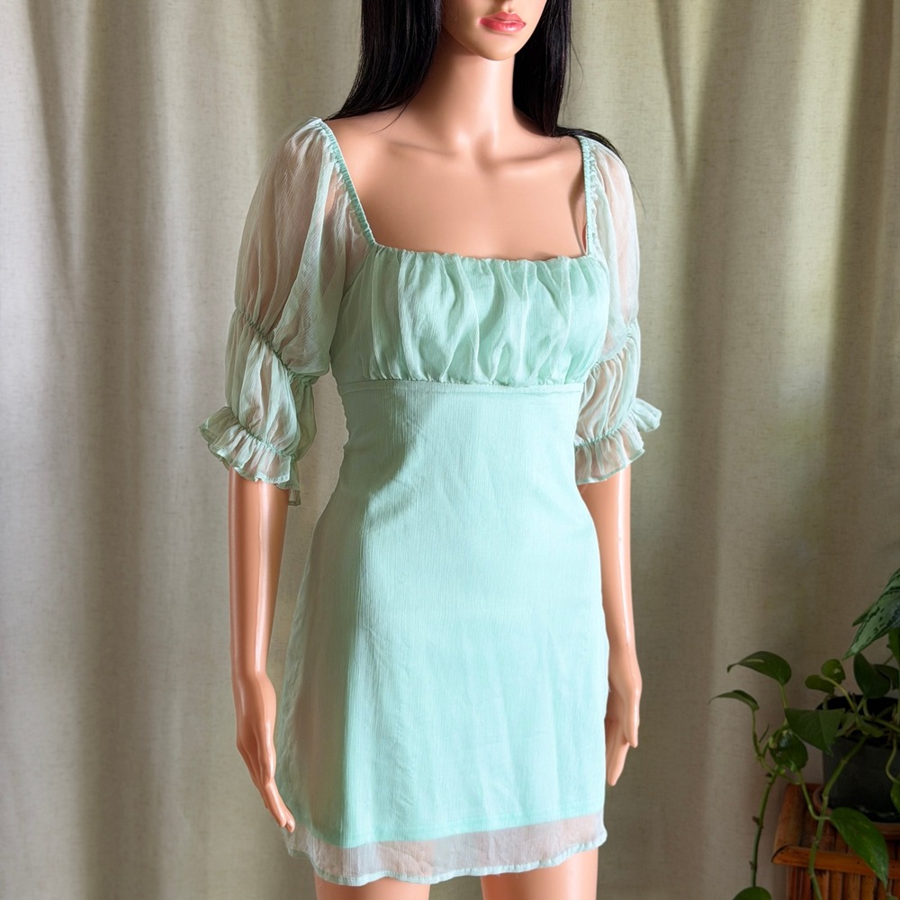 Beige Botany Green Puff Sleeve Mini Dress Lace Up Back Cottagecore Fairycore M